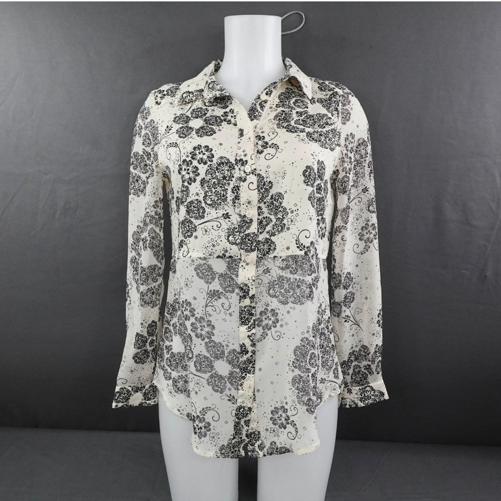 LC Lauren Conrad Womens Top M Off White Black Sheer Floral Career Capsule Corp